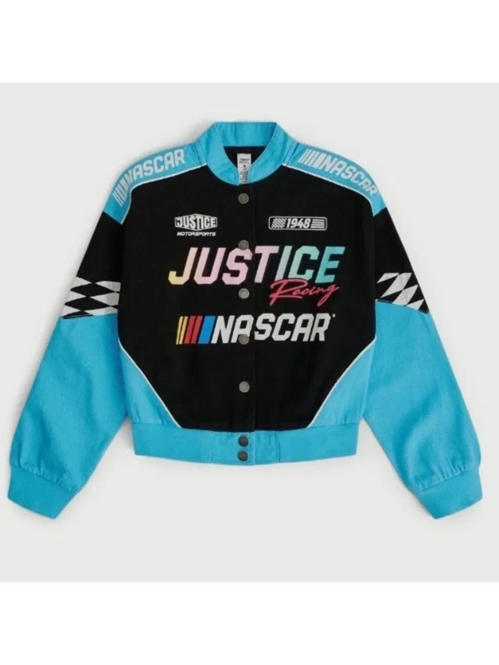 NASCAR X Justice Girls Racing Jacket Medium Black & Light Blue Cotton Snap-Up